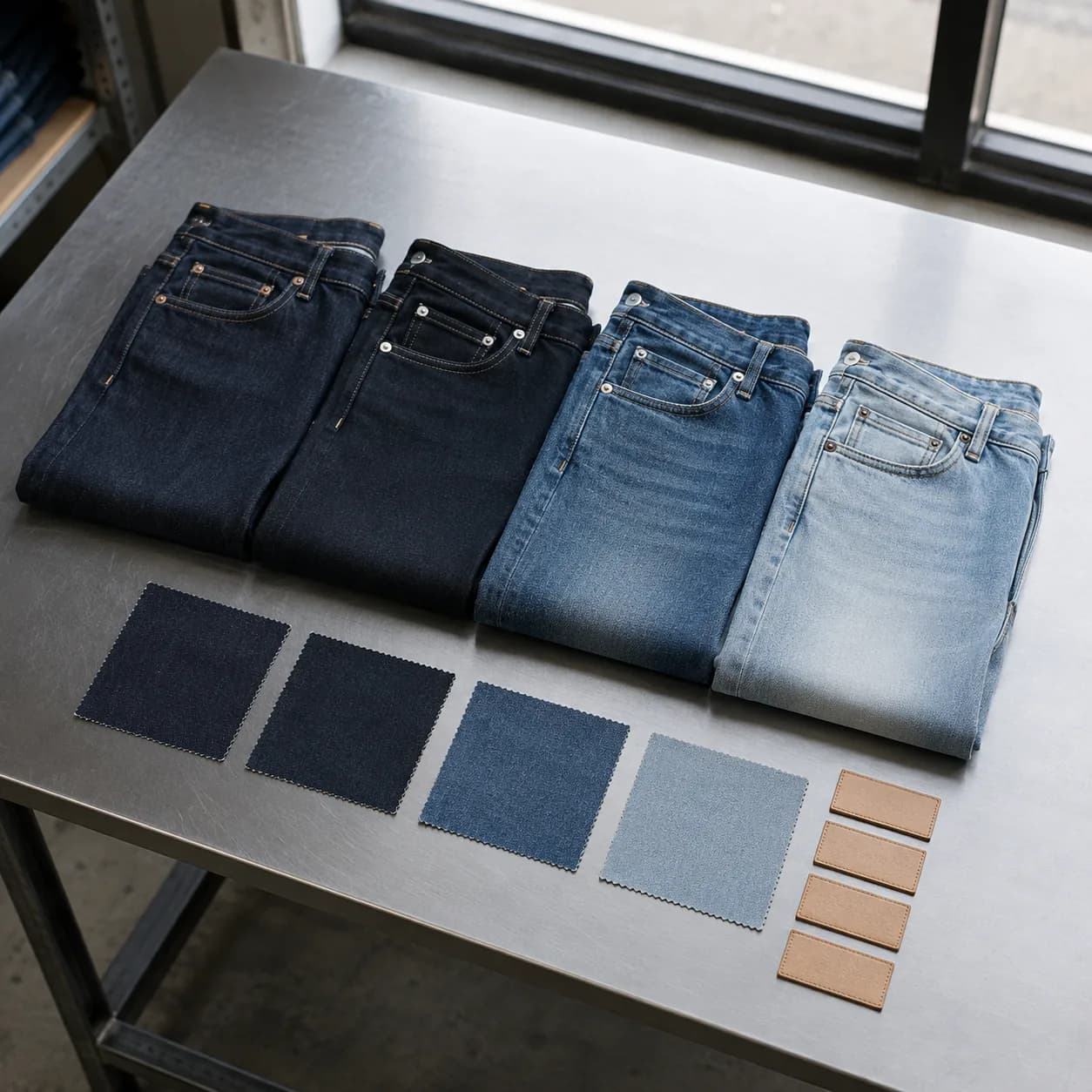 four folded jeans wash shades with matching denim swatches and blank patches