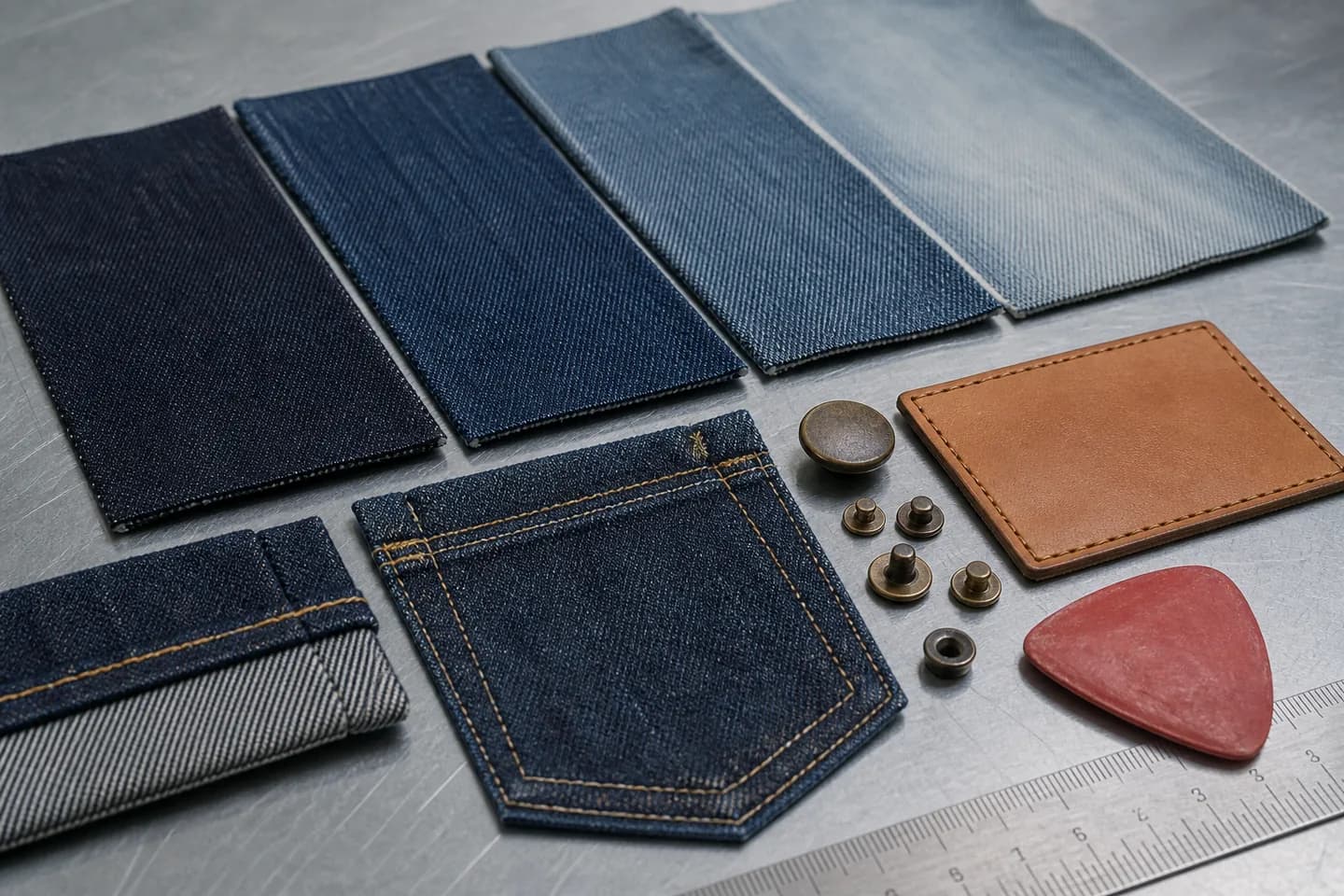 indigo wash swatches, pocket seam, copper hardware and a blank leather patch