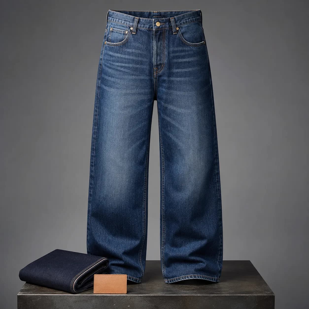 full-length wide-leg blue jeans with faded wash and contrast stitching