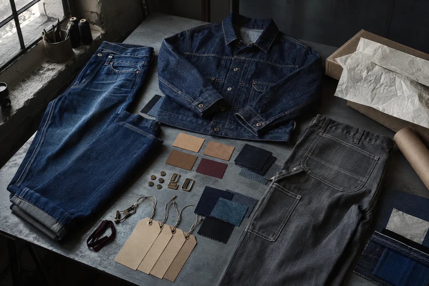 denim capsule planning table with jeans, an overshirt, patches and hardware