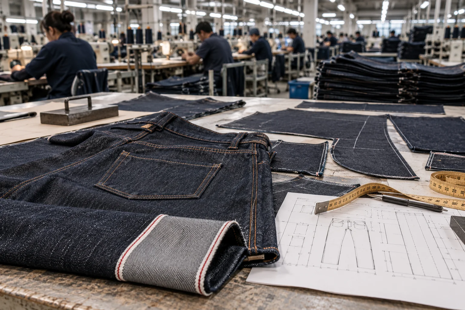 Brief selvedge from edge to finished jeans: Identify the woven edge and cutting constraints; Approve outseam, hem, finish, and hardware; Confirm the allocation and combined production reference
