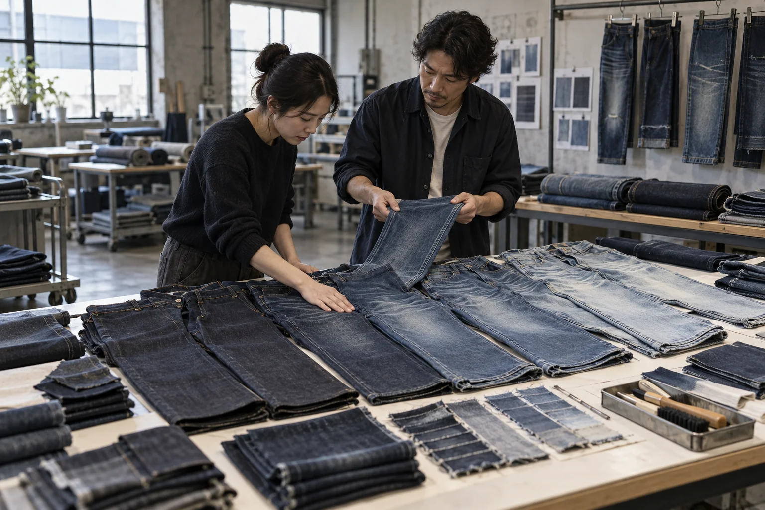 Washed Denim Shade and Handfeel Review: Set wash direction and shade tolerance; Check handfeel, stretch, and recovery; Approve samples before bulk washing