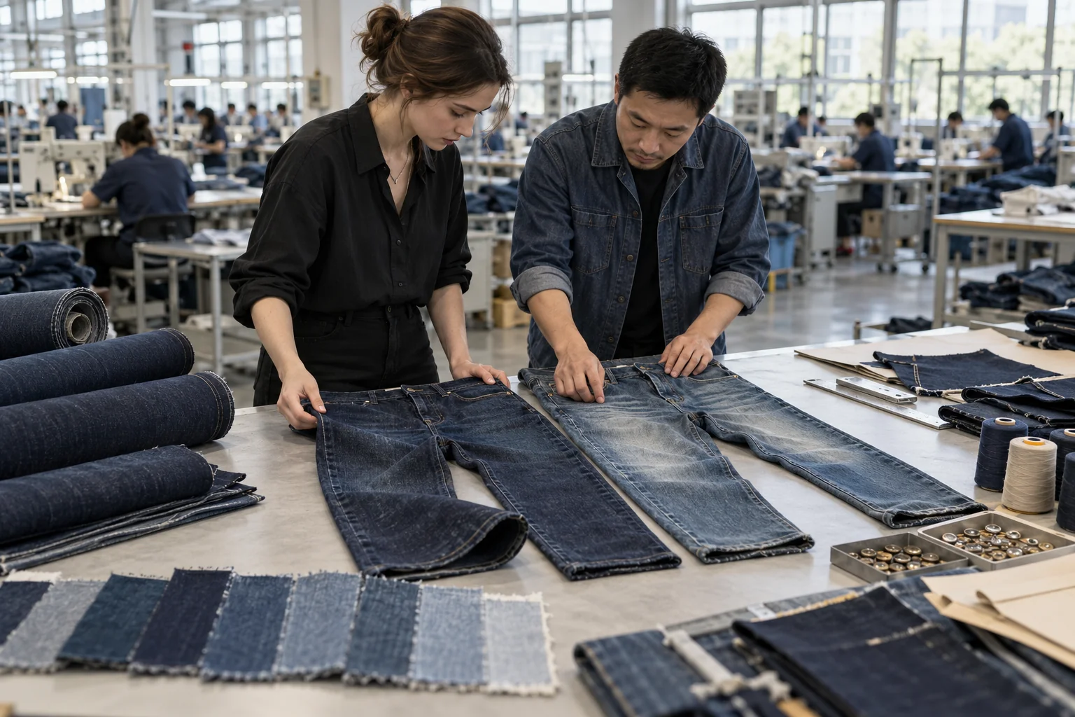 Review Denim Fit, Wash and Construction: Lay out two jeans samples; Add denim rolls and plain trims; Focus on seams and wash texture