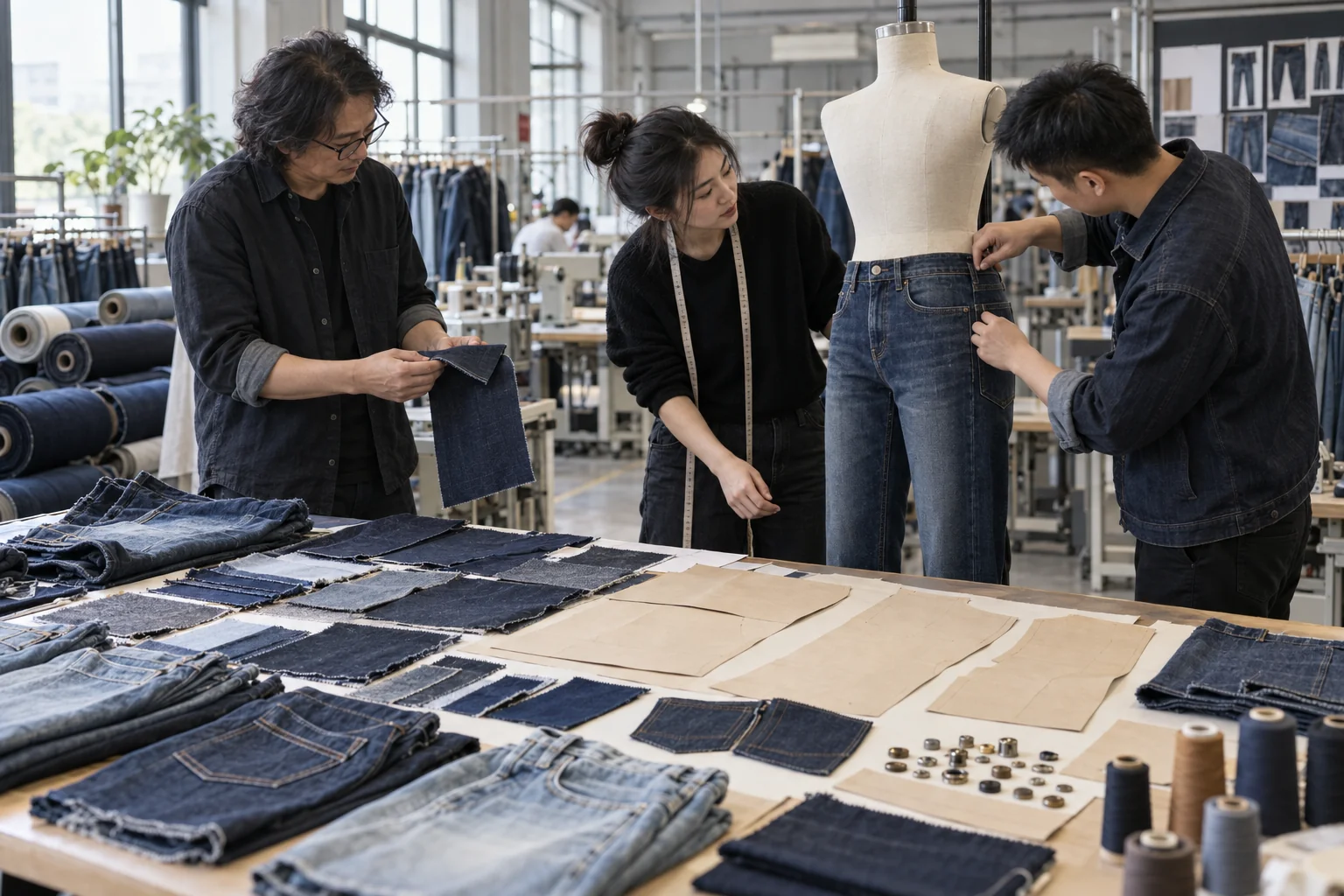 Jeans Design Review With Patterns and Wash Samples: Align fit, pattern, and pocket placement; Select denim, hardware, and wash direction; Approve fit and finish before bulk
