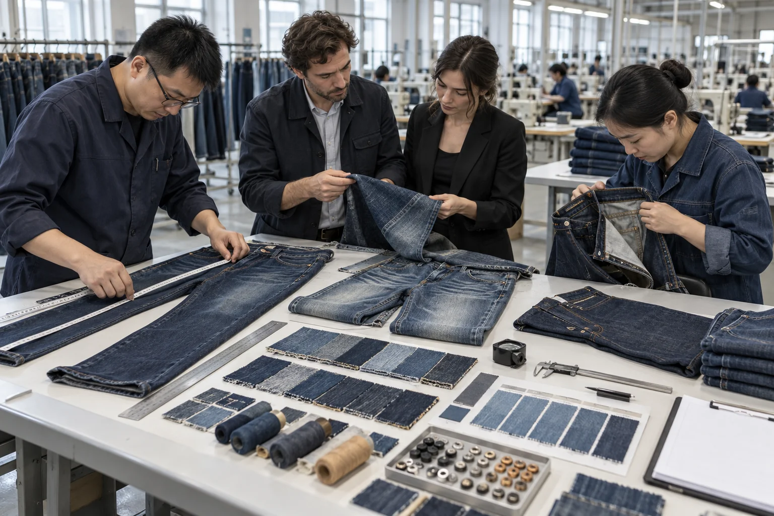 Evaluate the finished jeans combination: Check post-wash fit and sewing evidence; Validate wash and hardware together; Release the approved combination with QC controls