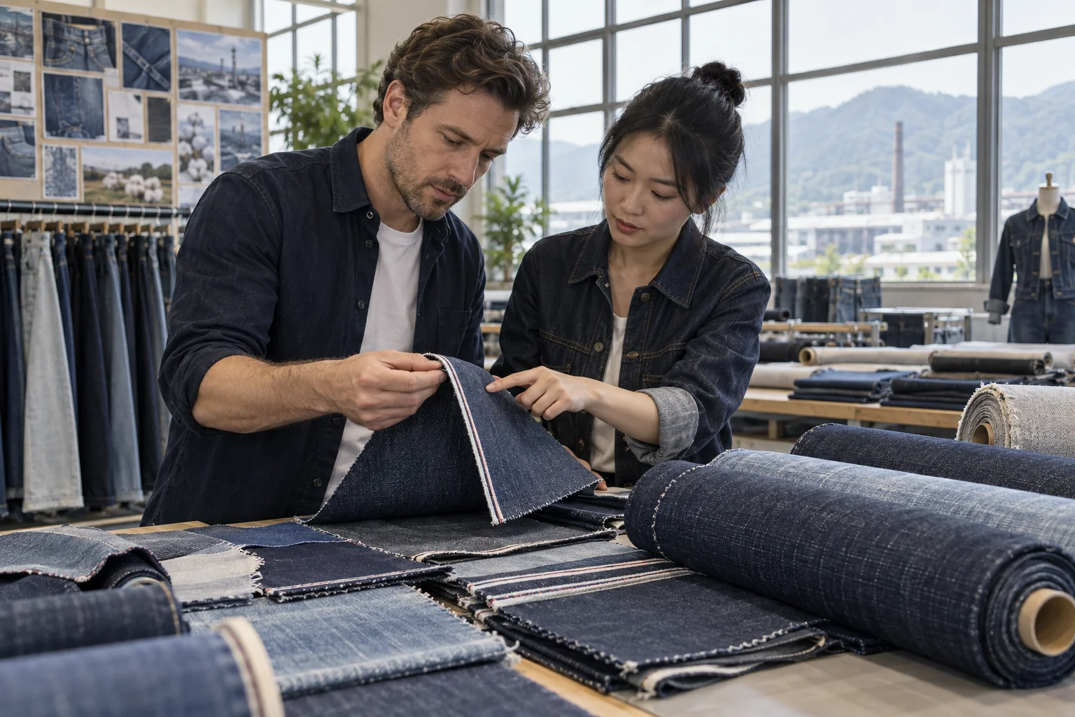 Connect mill sourcing to finished jeans: Identify the mill article and supply responsibilities; Confirm yardage, shade continuity, and material minimums; Approve actual-fabric jeans before bulk release