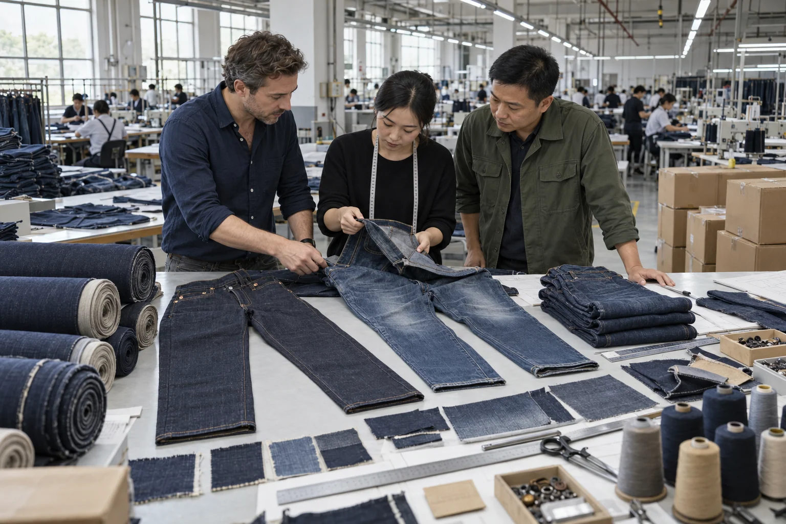 Map the Denim Factory Approval Flow: Show raw, washed and final samples; Add fabric, trims and cartons; Include the full factory team