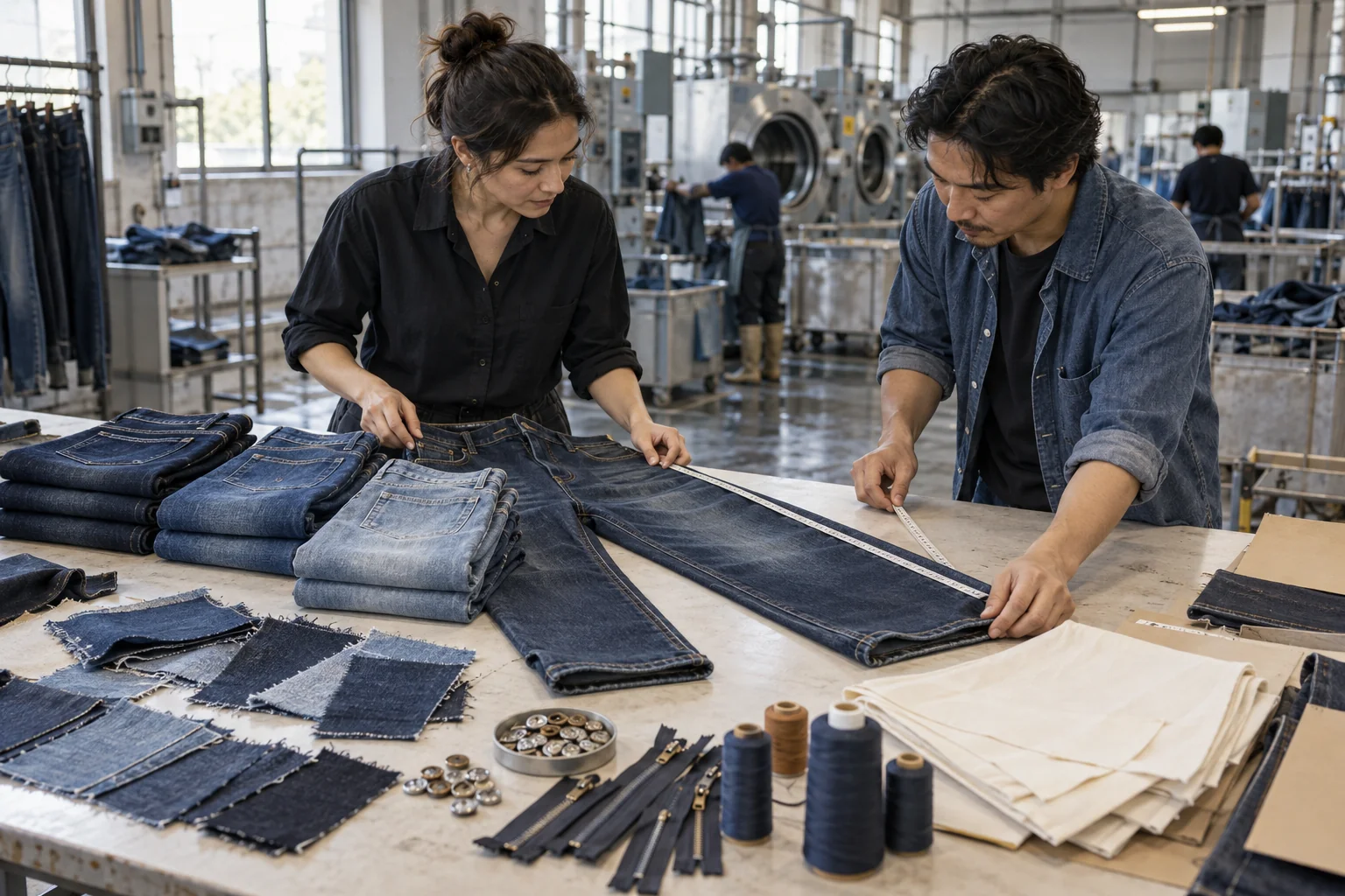 Approve Jeans Before Bulk Production: Center the preproduction jeans; Arrange wash and trim references; Show shade and fit inspection