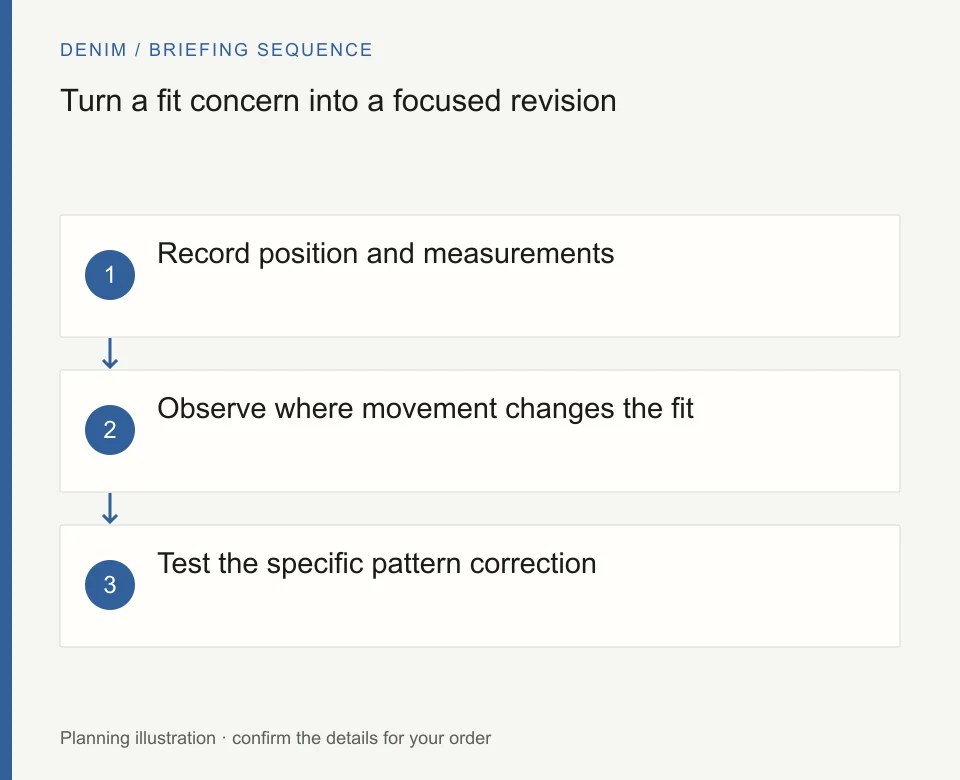 Turn a fit concern into a focused revision: Record position and measurements; Observe where movement changes the fit; Test the specific pattern correction