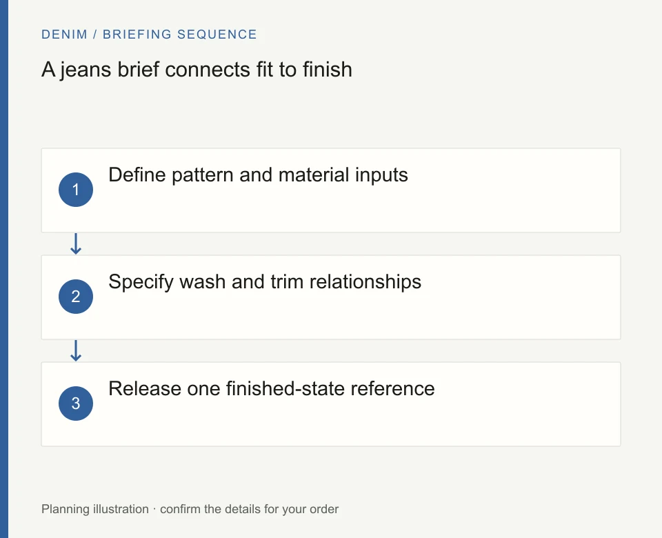 A jeans brief connects fit to finish: Define pattern and material inputs; Specify wash and trim relationships; Release one finished-state reference