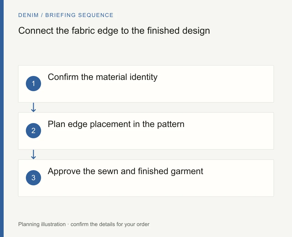 Connect the fabric edge to the finished design: Confirm the material identity; Plan edge placement in the pattern; Approve the sewn and finished garment