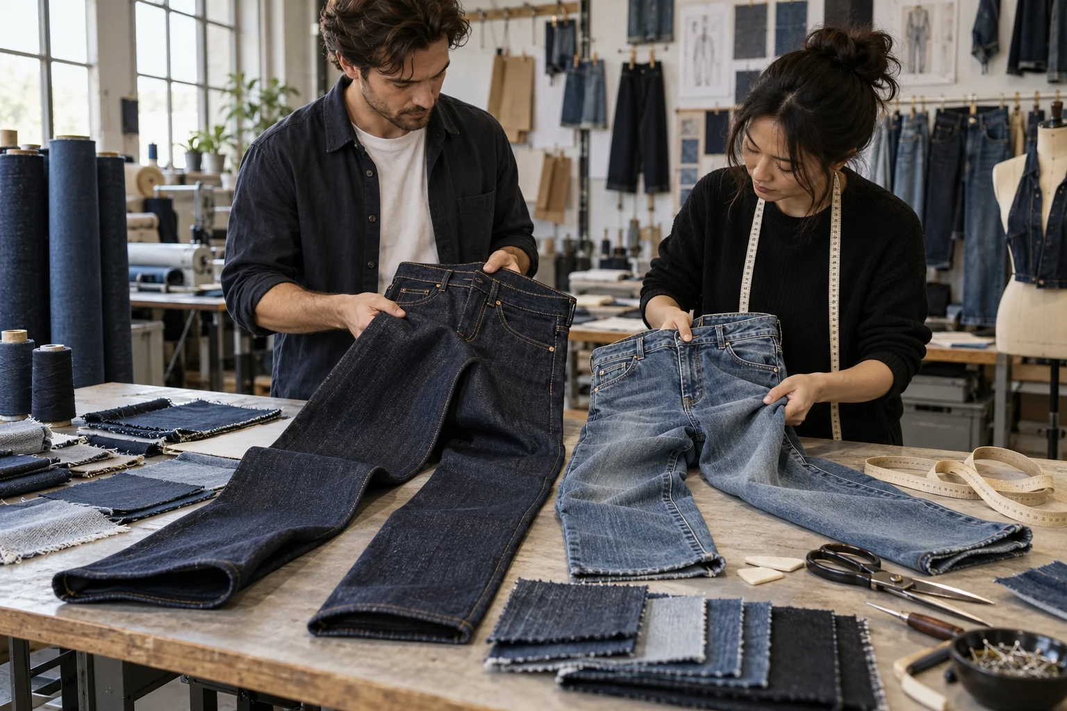 Plan a Stretch and Rigid Denim Comparison: Place both jeans on one worktable; Show hands testing drape and recovery; Add fabric rolls and wash samples